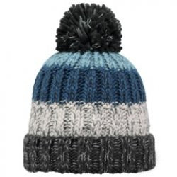 Winter Sky Stripe Pom Pom Beanie in Winter Sky Stripe Pom Pom Beanie, handmade from 100% wool