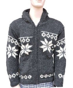 Charcoal Snowflower Zip Cardigan in Charcoal Snowflower Zip Cardigan, handmade from 100% wool