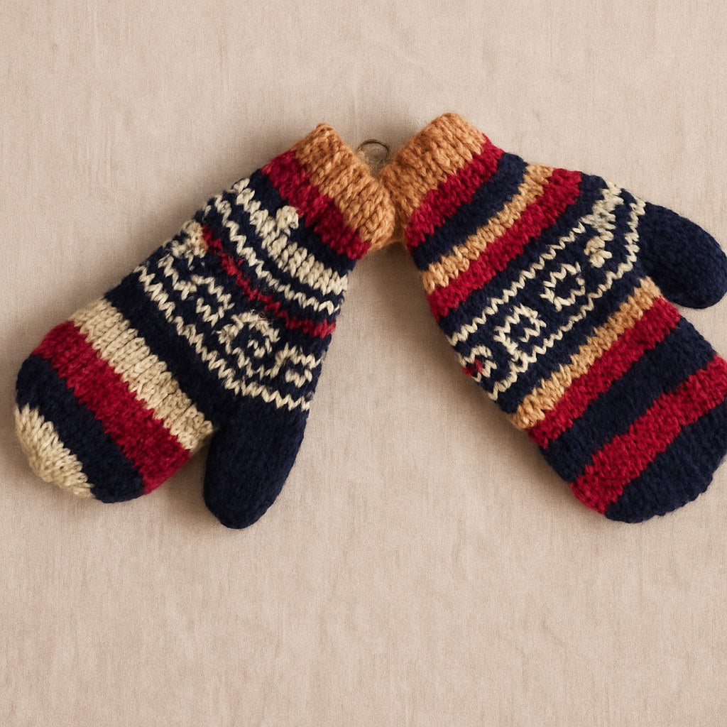 A pair of hand-knit winter mittens with a multicolor Fair Isle pattern of navy blue, red, beige, and white, displayed on a neutral beige fabric background.