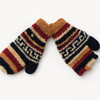 A pair of hand-knit winter gloves with a multi-colored striped pattern of navy, rust orange, beige, and burgundy on a clean white background.