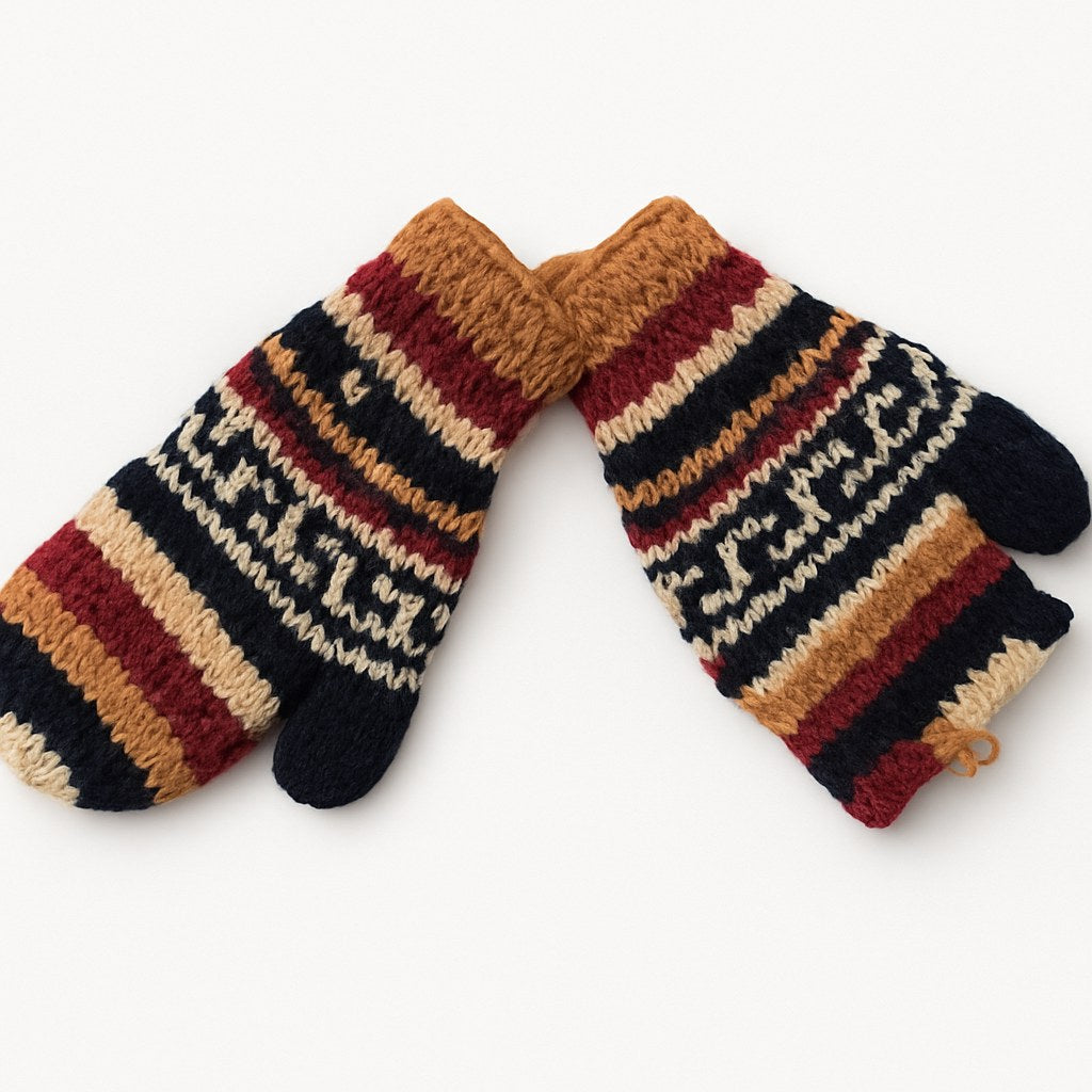 A pair of hand-knit winter gloves with a multi-colored striped pattern of navy, rust orange, beige, and burgundy on a clean white background.