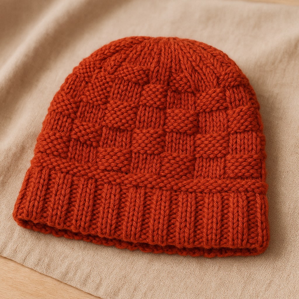 Basket Weave Knit Beanie - Ruby Red